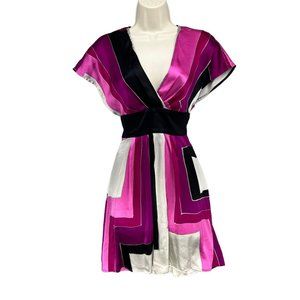 Express Y2K Silk Blend Dress Fuchsia Black Colorblock V Neck Size XS